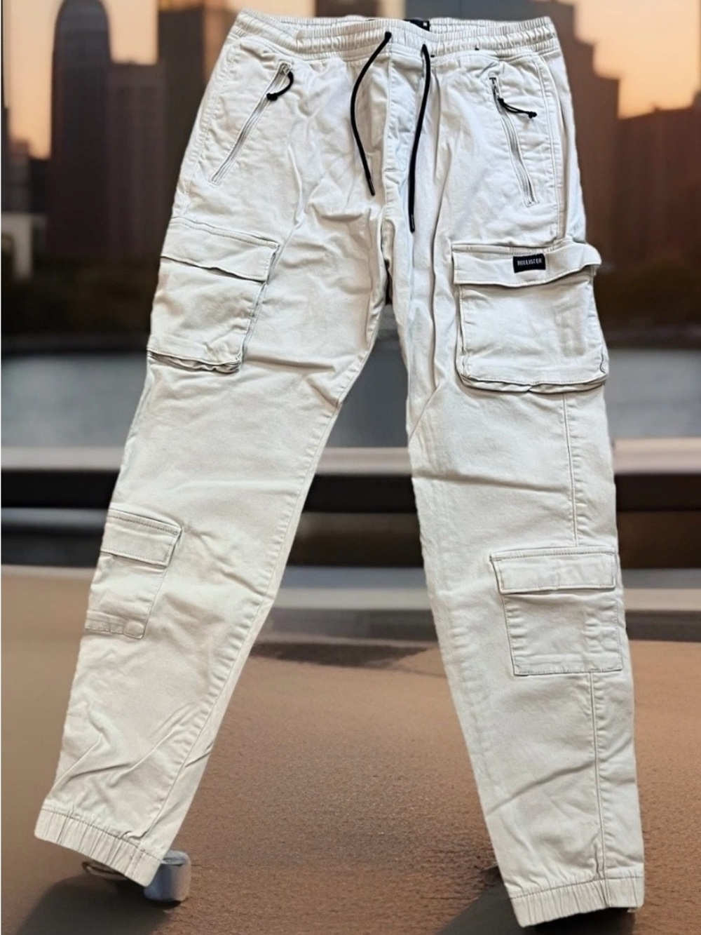 Hollister Men's 2 Cargo Joggers Beige Cream Advance Stretch Black Drawstring